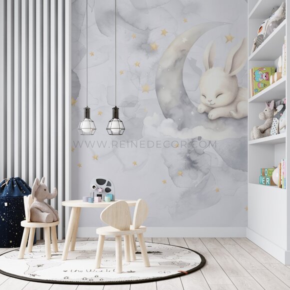 Sleeping Bunny Moon Kids Room Wallpaper | Adorable Nursery Decor - Picture 4 of 9